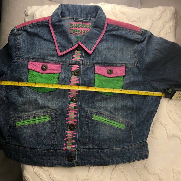 NWOT Jean Jacket Coat Hand Designed, Size Small, pink, chartreuse washable - Picture 6 of 8